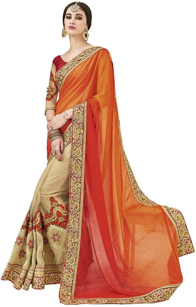 Womens Beige and Orange Half & Half Saree SRD2513