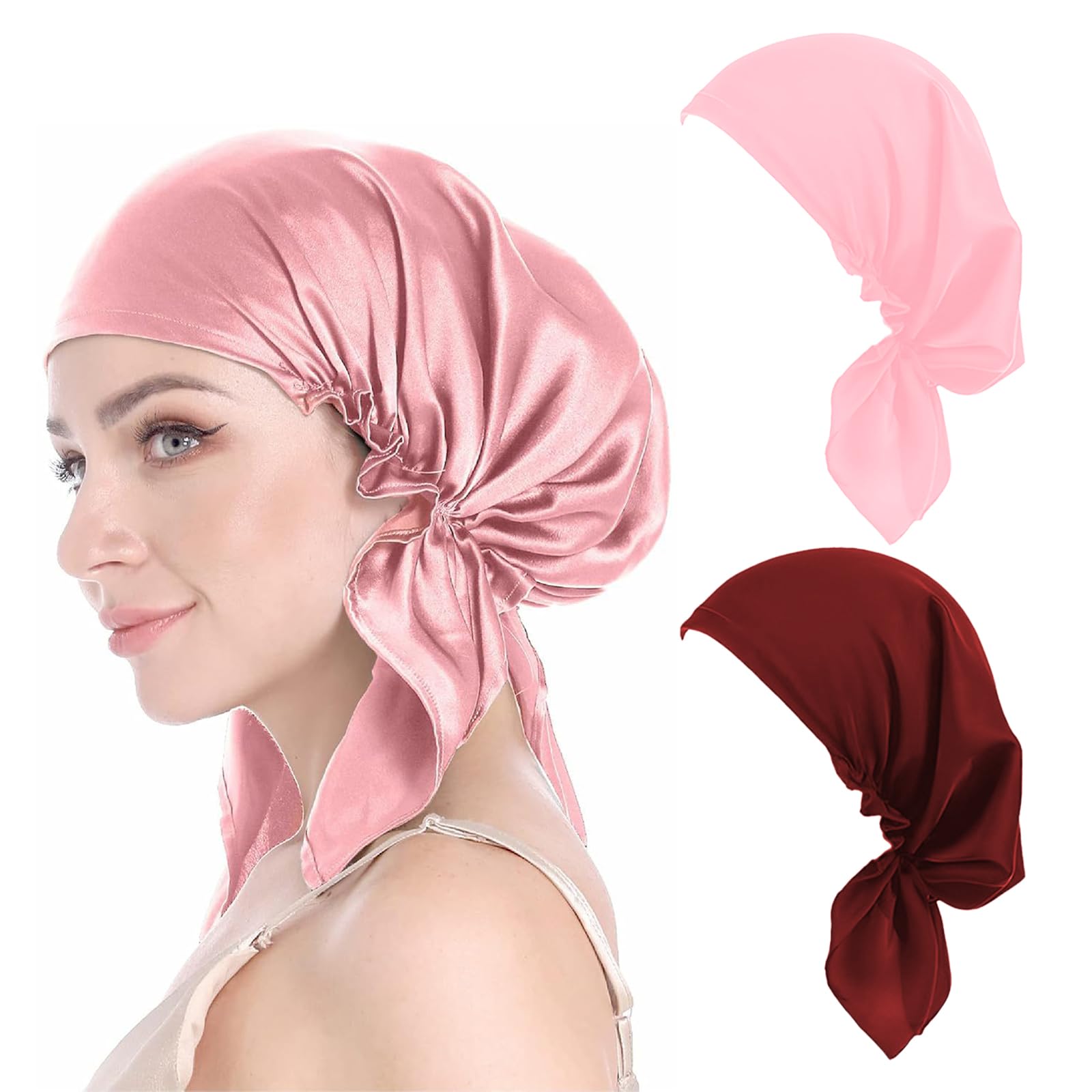 2PCS Silk Hair Bonnet,Hair Bonnet for Sleeping Soft Silk Bonnets for Women Comfortable Satin Bonnet for Sleeping for Long Curly Hair and Braids (Pink,Burgundy