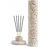 Carry Me Marble Soapstone Incense Stick Holder | Candle Burner, Tea Light Holder, Handmade Floral Carving, 3 x 3 x 10.5 Inches