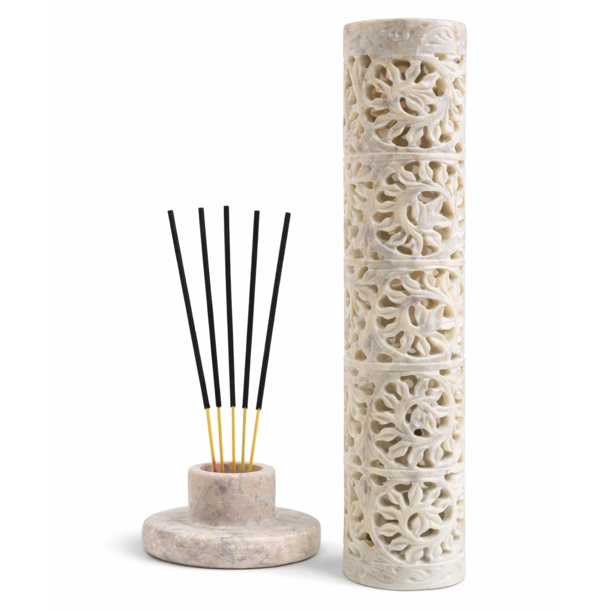 Carry Me Marble Soapstone Incense Stick Holder | Candle Burner | Tea Light Holder - Perfect Handmade Floral Carving for Gifting. Decorative Home and Office Decor.(3 x 3 x 11 Inches)