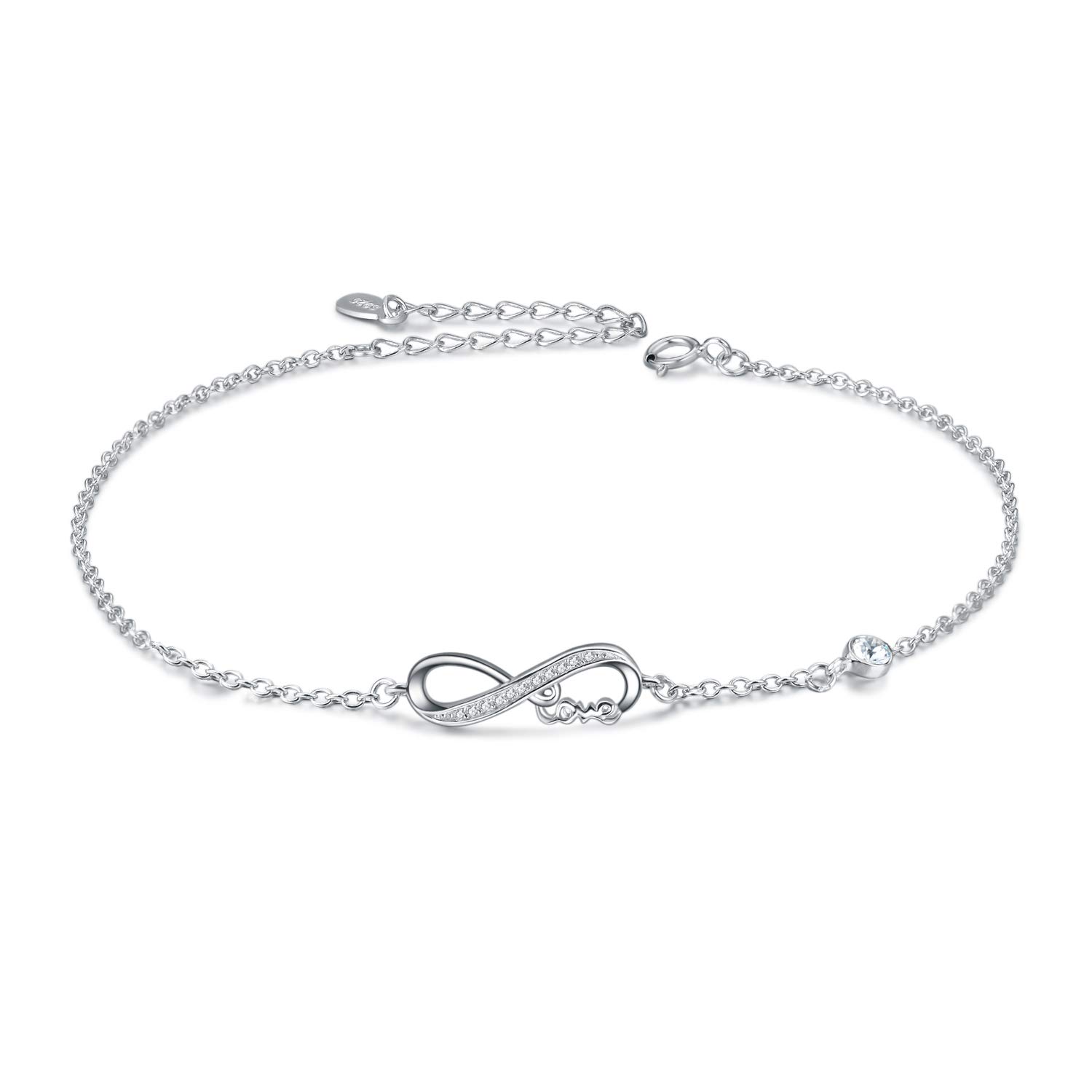 AOBOCO Infinity Ankle Bracelet for Women, 925 Sterling Silver Charm Adjustable Anklet 9+2''(D-white Crystal_april Birthstone)