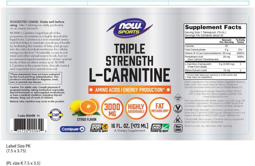NOW Sports Nutrition, L-Carnitine Liquid, Triple Strength 3000 mg, Citrus, 16-Ounce: Health & Personal Care