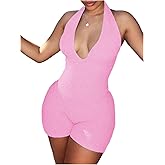 WDIRARA Women's Deep V Neck Sleeveless Halter Romper Lace Up Backless Skinny Knit Sexy Tank Jumpsuit Shorts