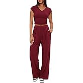 BTFBM Womens 2 Piece Outfits Spring 2026 V Neck Cap Sleeve Ruched Top Wide Leg Pants Sets Rib Knit Lounge Matching Set
