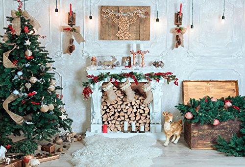 MUZI Christmas Tree Backdrops for Photography Fireplace Deer Snock Photo Background for Studio Props 6x5ft XT-6875