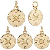Beebeecraft 1 Box 10Pcs Compass Charms 18K Gold Plated Round Coin North Star Ocean Sea Compass Charms for Jewelry Making Pendant Necklace Bracelet