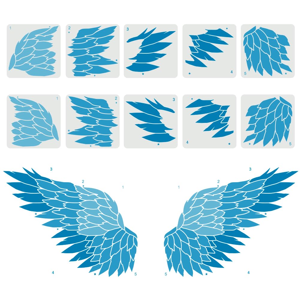 FINGERINSPIRE 10PCS Large Angel Wings Stencil for Painting 30x30cm Reusable Combination Splicing Drawing Template Plastic PET Feather Wings Painting Stencil for Home Wall Furniture Decoration