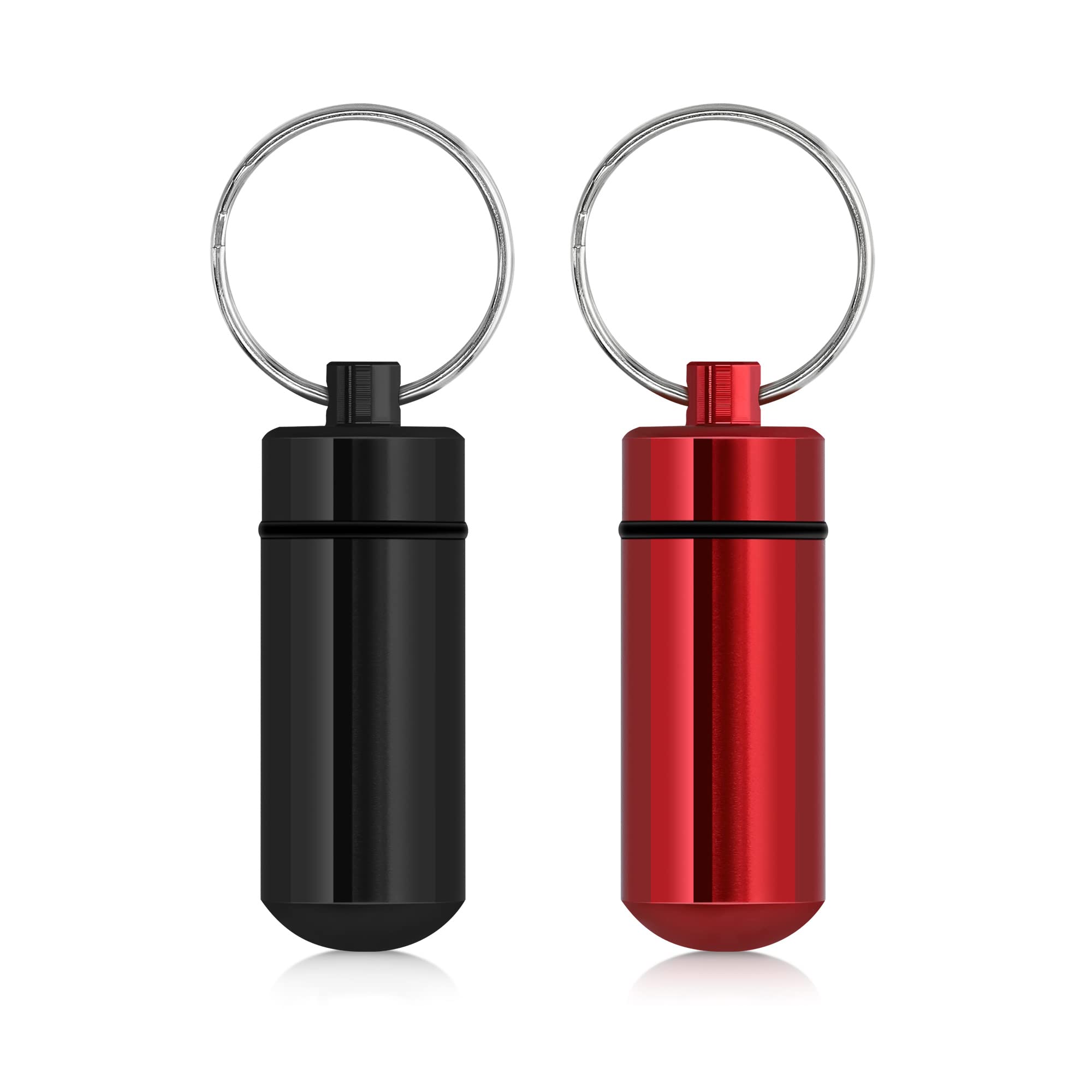 kwmobile Key Ring Pill Cases (Pack of 2) - Metal Keychain Mini Pill Case Holders Keyring Chain Portable Pills Container - Black/Red