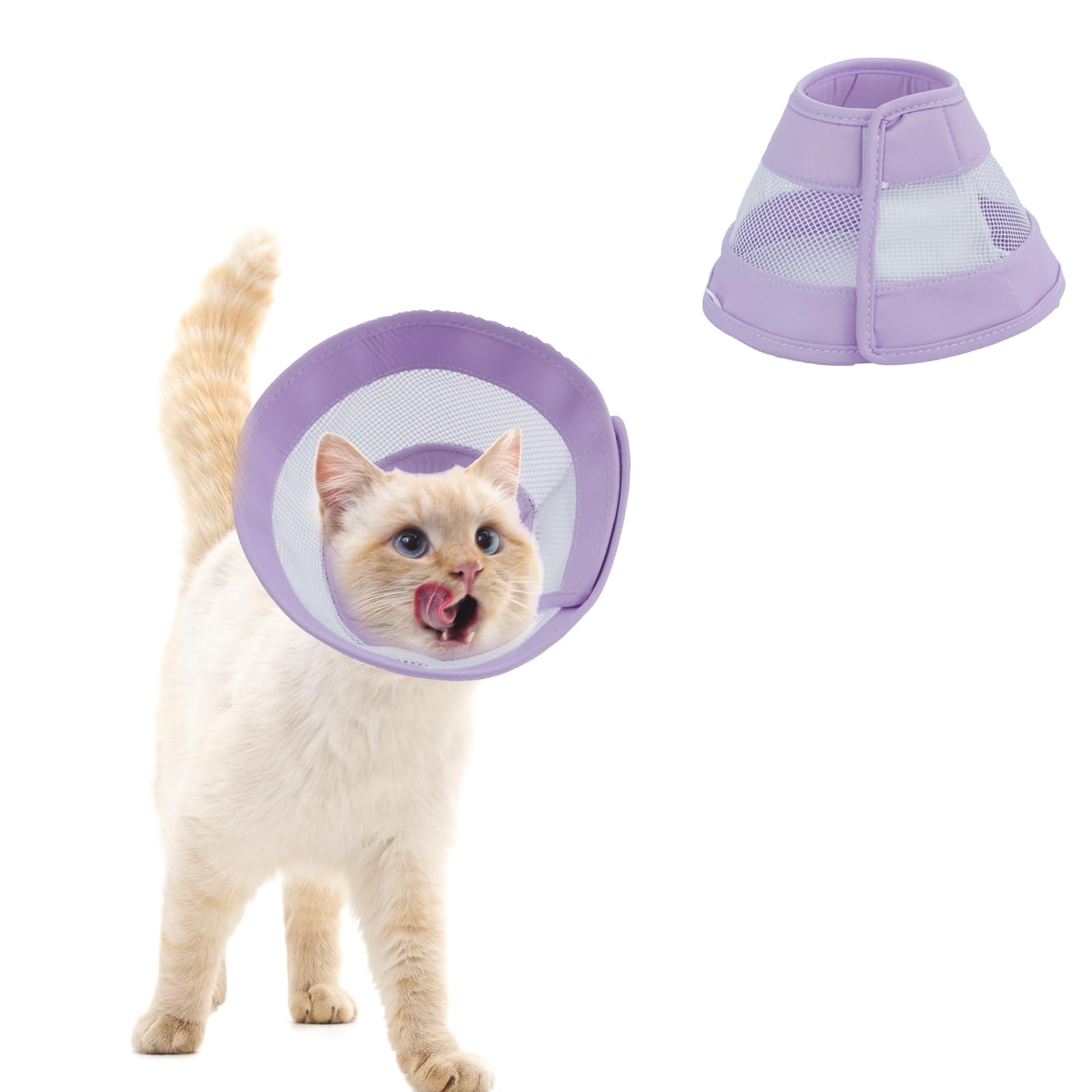 Hodeffior Cat Cone Collar To Stop Licking Scratching Wounds Adjustable E-Collar After Surgery for Cats Kittens Protective Cat Recovery Collar Purple M