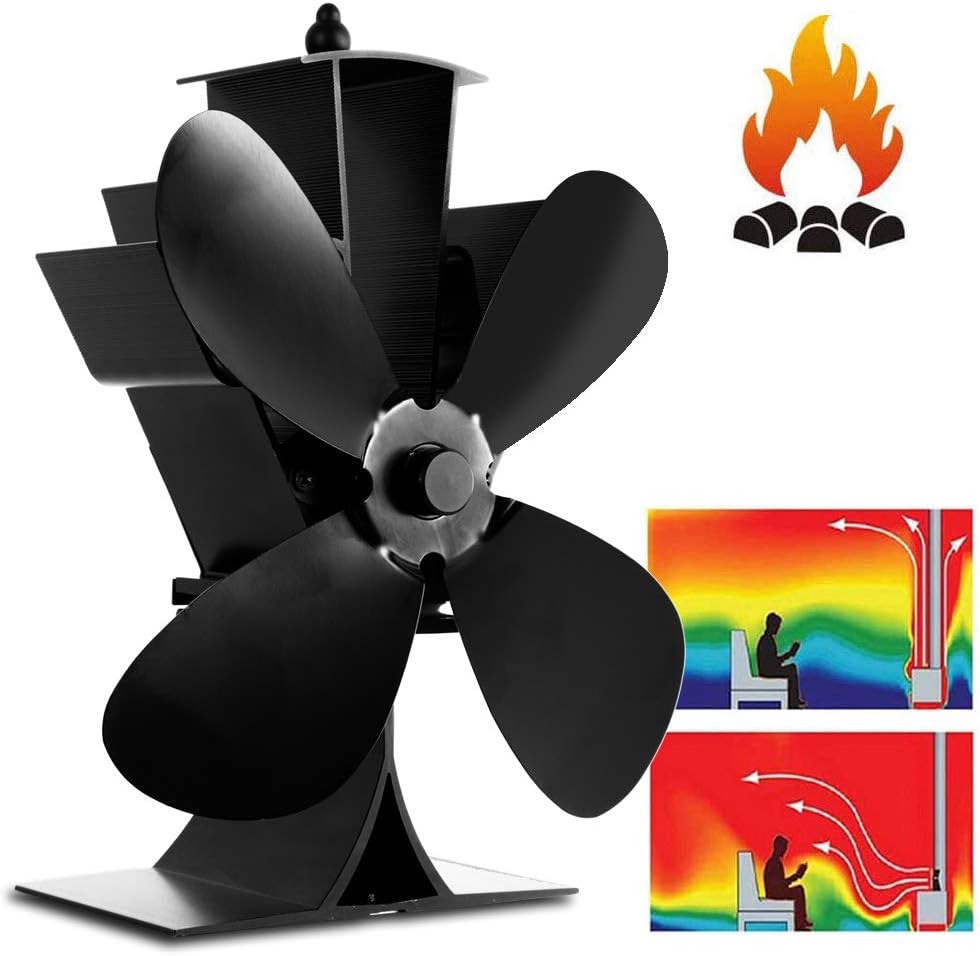 Log Burner Fan, Heat Powered Stove Fan with 4 Blade for Large Space On