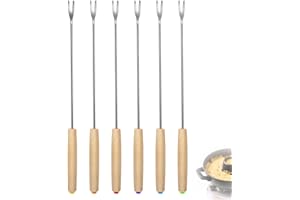 6-Pack Fondue Forks – Stainless Steel with Wooden Handles, Color-Coded Tips, Fondue Forks with Oak Wood Handle Heat Resistant