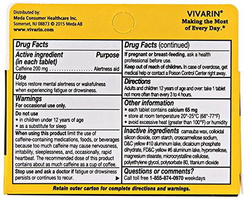 VIVARIN, CAFFEINE PILLS, 200MG CAFFEINE PER DOSE, SAFELY AND EFFECTIVELY HELPS YOU STAY AWAKE, NO SUGAR, CALORIES OR HIDDEN INGREDIENTS, ENERGY SUPPLEMENT, 40 TABLETS