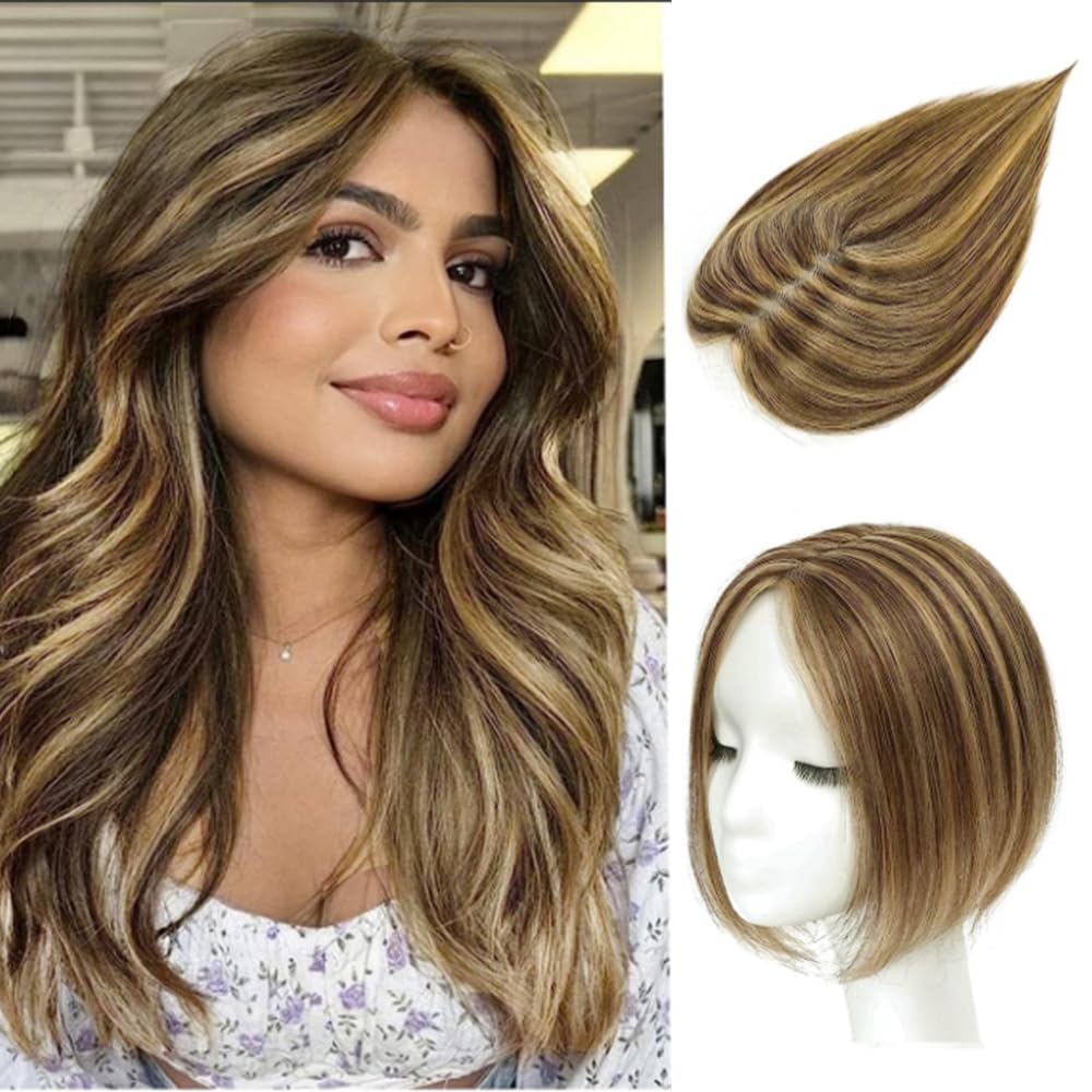 Remy Hair Toppers for Women with Thinning Hair - 100% Human Hair Clip-Ons (Medium Brown Mix Blonde, 10inch, HL-4P27) — image 1