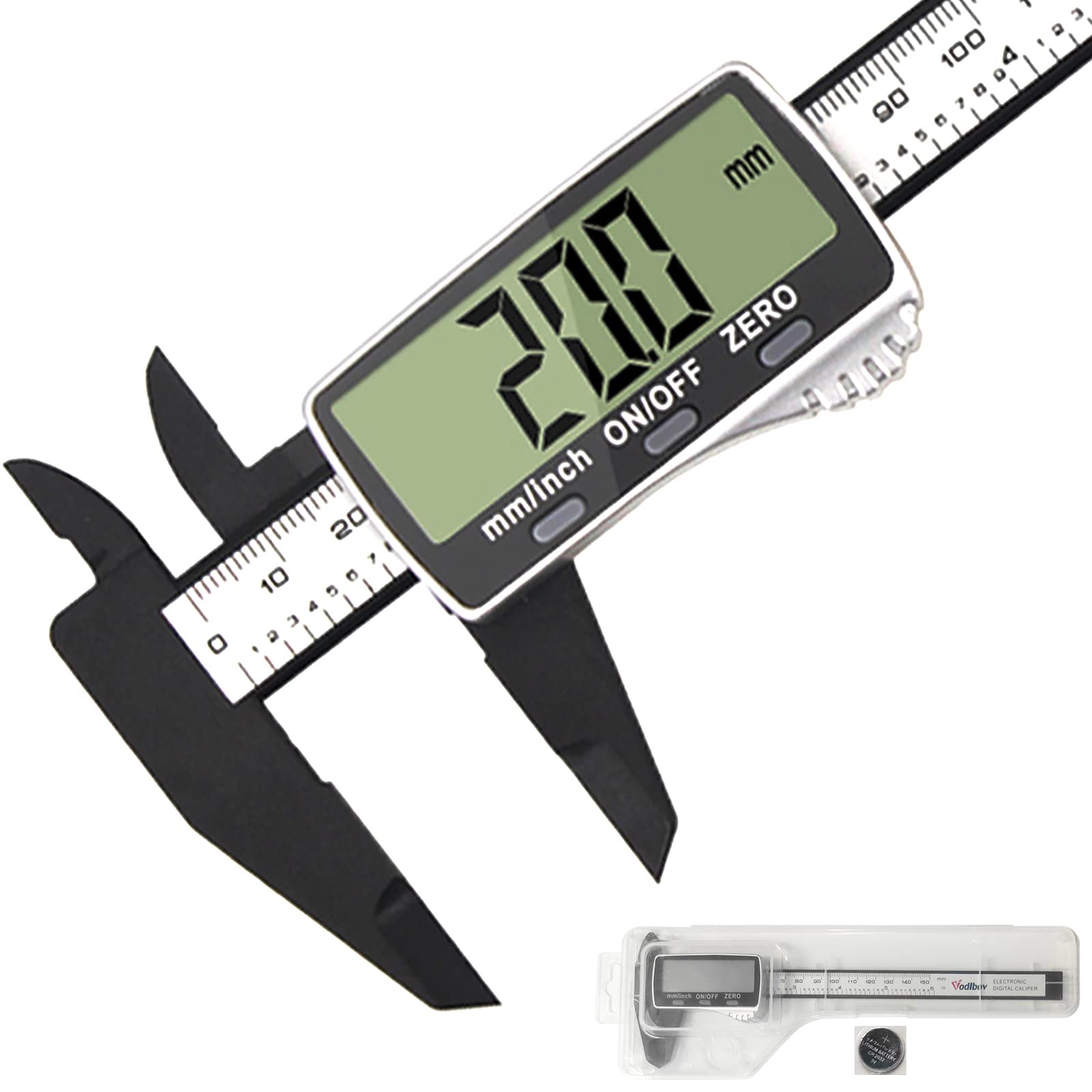Vodlbov Digital Vernier Caliper 0-150mm / 0-6’’ Electronic Digital Caliper with Extra-Large LCD Screen,Plastic Carbon Fiber Digital Gauge,Depth Measuring Tools, Millimeter/Inch Conversion