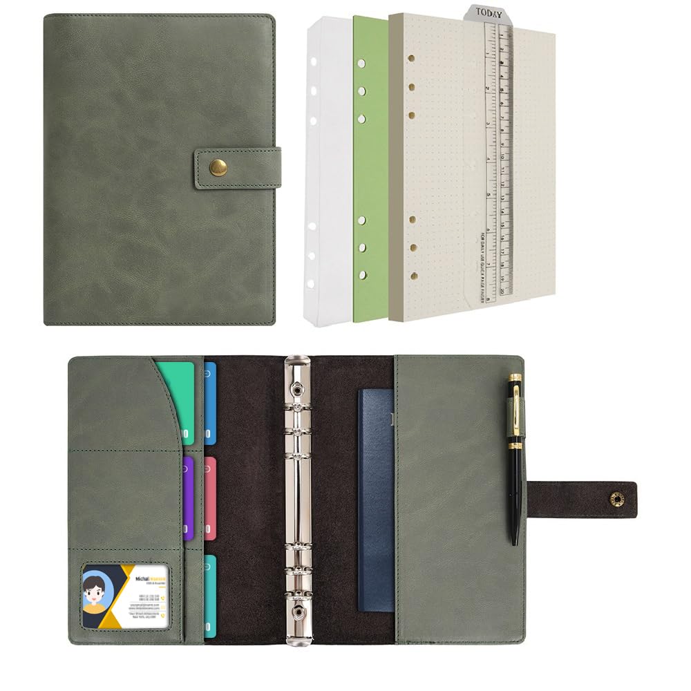 WONDERPOOL Leather Diary Refillable Notebook Spiral Journal Binder Portfolio - Dot Grid Paper & Inner Pockets for Travel Work and Personal Organizer (Green, A5) โ image 1