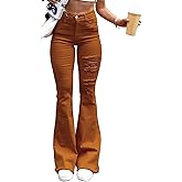 AprPith Women's Orange Stretch Ripped Flare Jeans High Waisted Distressed Bell Bottoms Trendy Y2K Frayed Hem Denim Pants