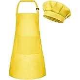 BOUBONI Kids Apron and Chef Hat Set Adjustable Chef Art Apron with 2 Pockets Toddler Chef Hat and Apron for Cooking Baking Painting (Yellow), Small