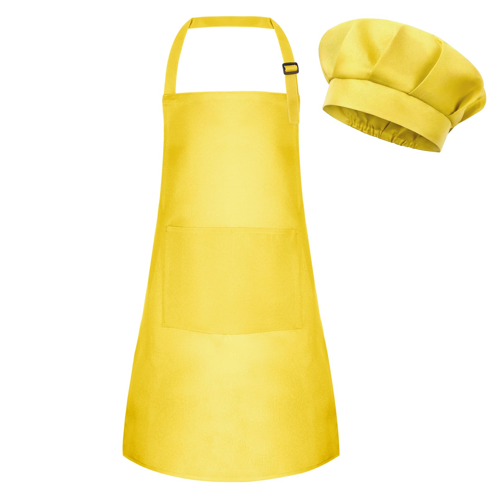 BOUBONI Kids Apron and Chef Hat Set Adjustable Child Art Aprons with 2 Pockets Toddler Chef Hat and Apron for Cooking Baking Painting (Yellow)