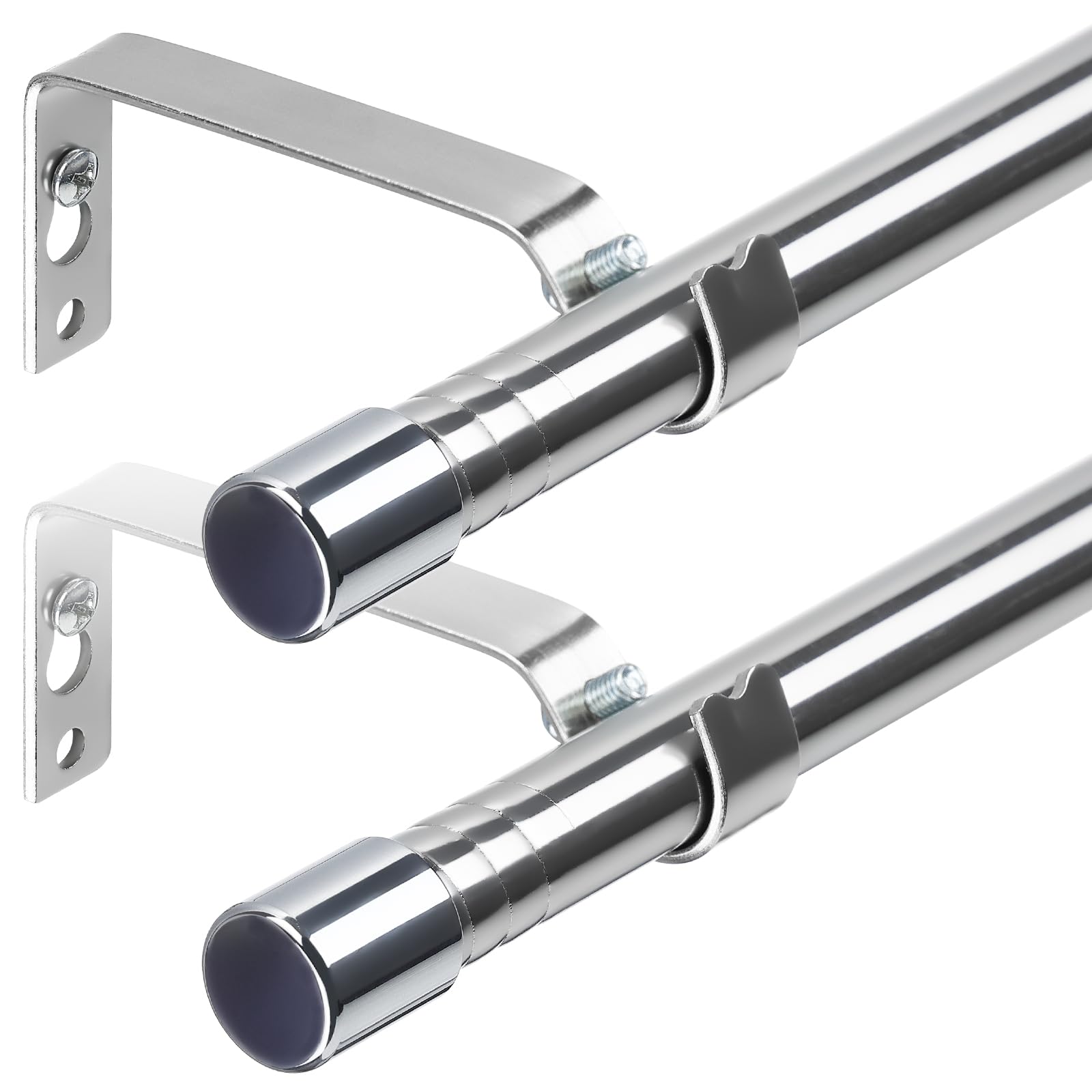 Harrms 2pcs Curtain Poles for Eyelet Curtains, 16mm Voile Curtain Pole Silver 76-224cm, Window Curtain Rod Metal Extendable Stainless Steel with Adjustable Brackets for Bedroom, Living Room