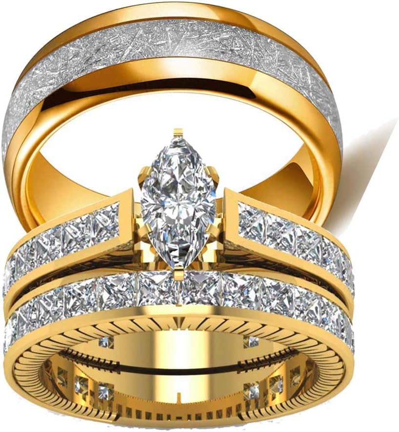 Two Rings His Hers Couples Rings Women's 10k Yellow Gold Plated CZ Wedding Ring