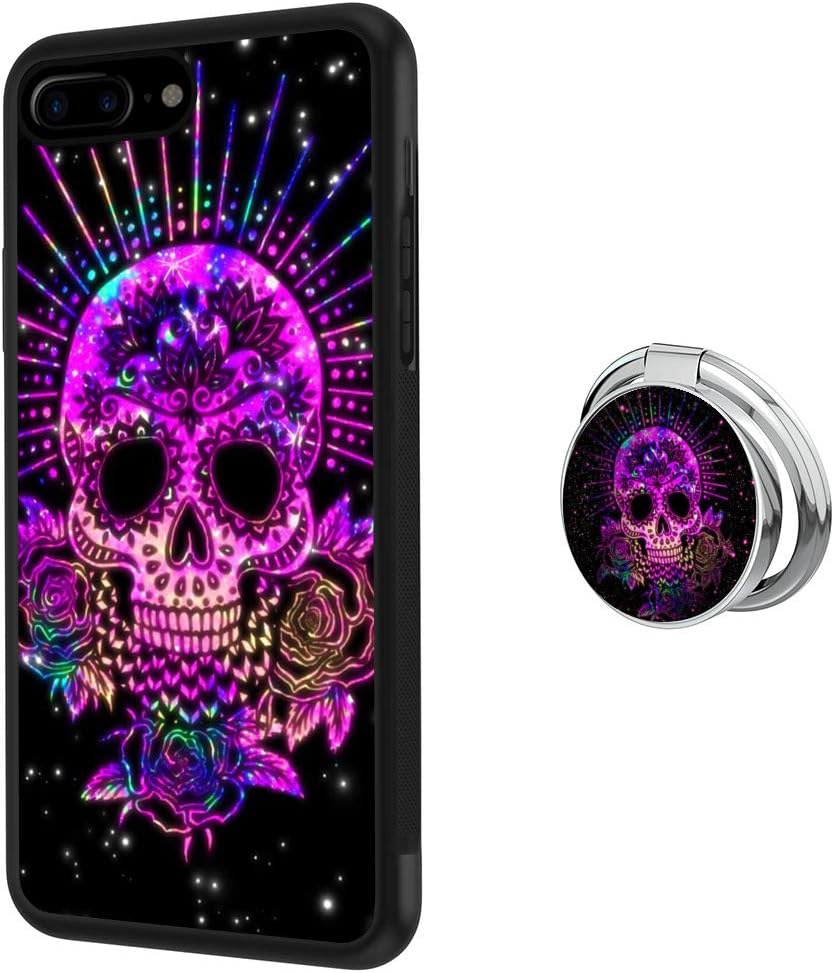 iPhone 7 Plus 8 Plus Case with Holder Ring Purple Sugar Skull Soft Black TPU Rubber and PC Anti-Slip Grip Cover Case, Shockproof Defend Protective Phone Case for iPhone 7 Plus 8 Plus