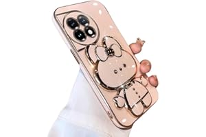 Aulzaju for Oneplus 12 Case Cute Hidden Rabbit Mirror Stand,Oneplus 12 Phone Case Kawaii Cartoon Plating Glitter Soft Silione Bumper Folding Bracket Girly Cover for One Plus 12 for Girls Women Pink