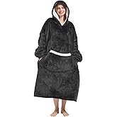 Fiosnow Wearable Blanket Gift for Women & Men Sherpa Flannel Blanket Hoodie Long Warm and Cozy Blanket with Giant Pocket,Dark Gray