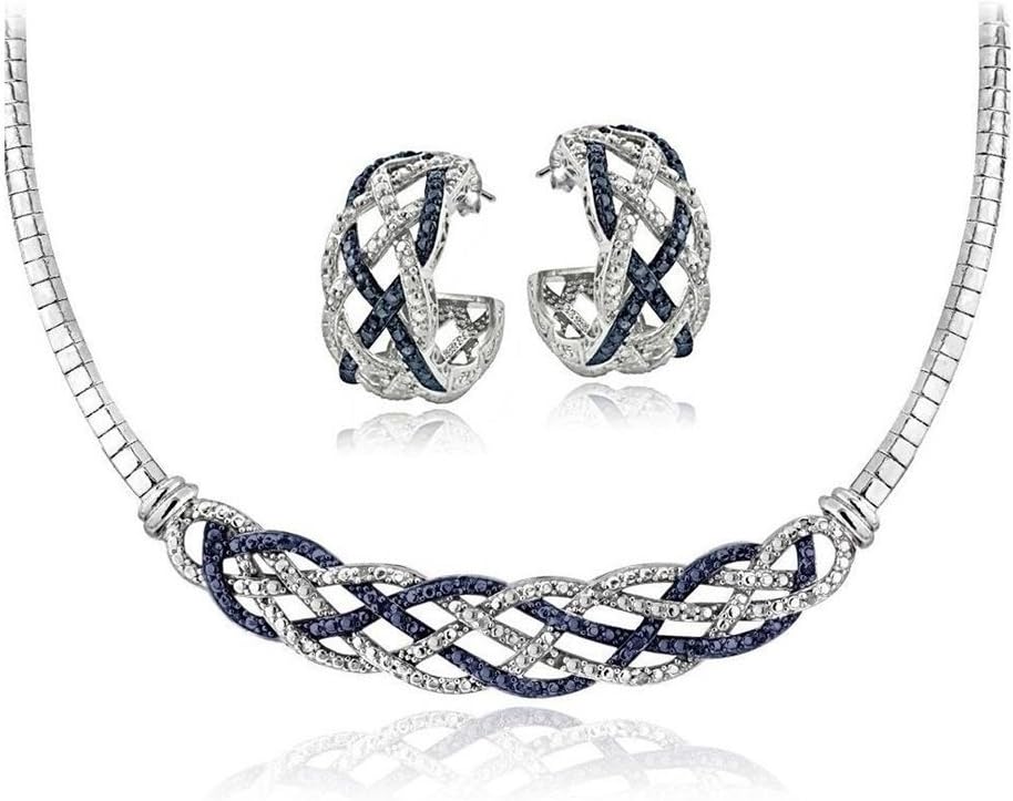 Silver Tone Over Brass Blue & White Simulated Diamond Weave Omega Necklace And Earrings Set