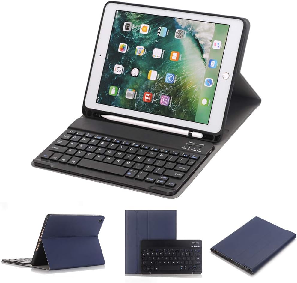 iPad 9.7 inch 2018&2017 Keyboard Case, Slim Folio Cover Removable Detachable Wireless Bluetooth Keyboard with Apple Pencil Holder for iPad Air/Air 2/ iPad 6th / 5th Gen (Blue)