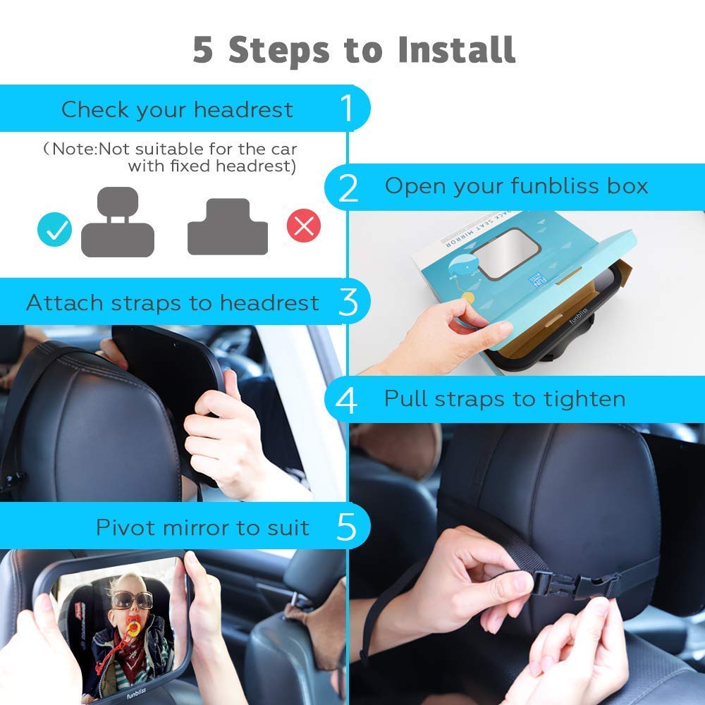 Funbliss Baby Car Mirror Safely Monitor,Car Mirror Baby Rear Facing Seat，No Assembly Required, Safer，Best Newborn, Shatterproof