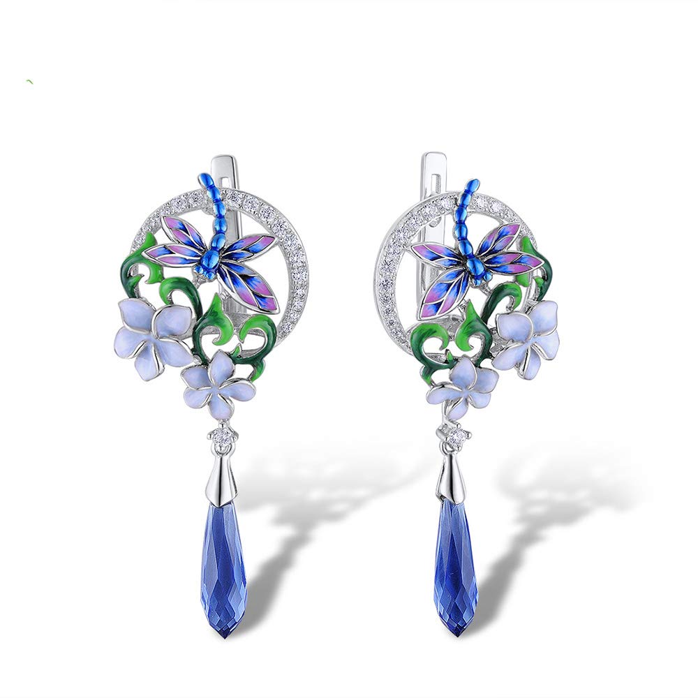 Namana Blue Dragonfly Earrings for Women. 925 Sterling Silver Earrings for Women with Enamel and Cubic Zirconia Gemstones. Sterling Silver Statement Earrings for Women in with Gift Box