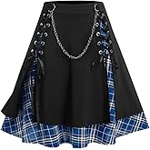 ROSE GAL Women's Plus Size Mini A-Line Gothic Skirt Casual Plain Chain Detail High Waisted Short Stitching Plaid Pleated