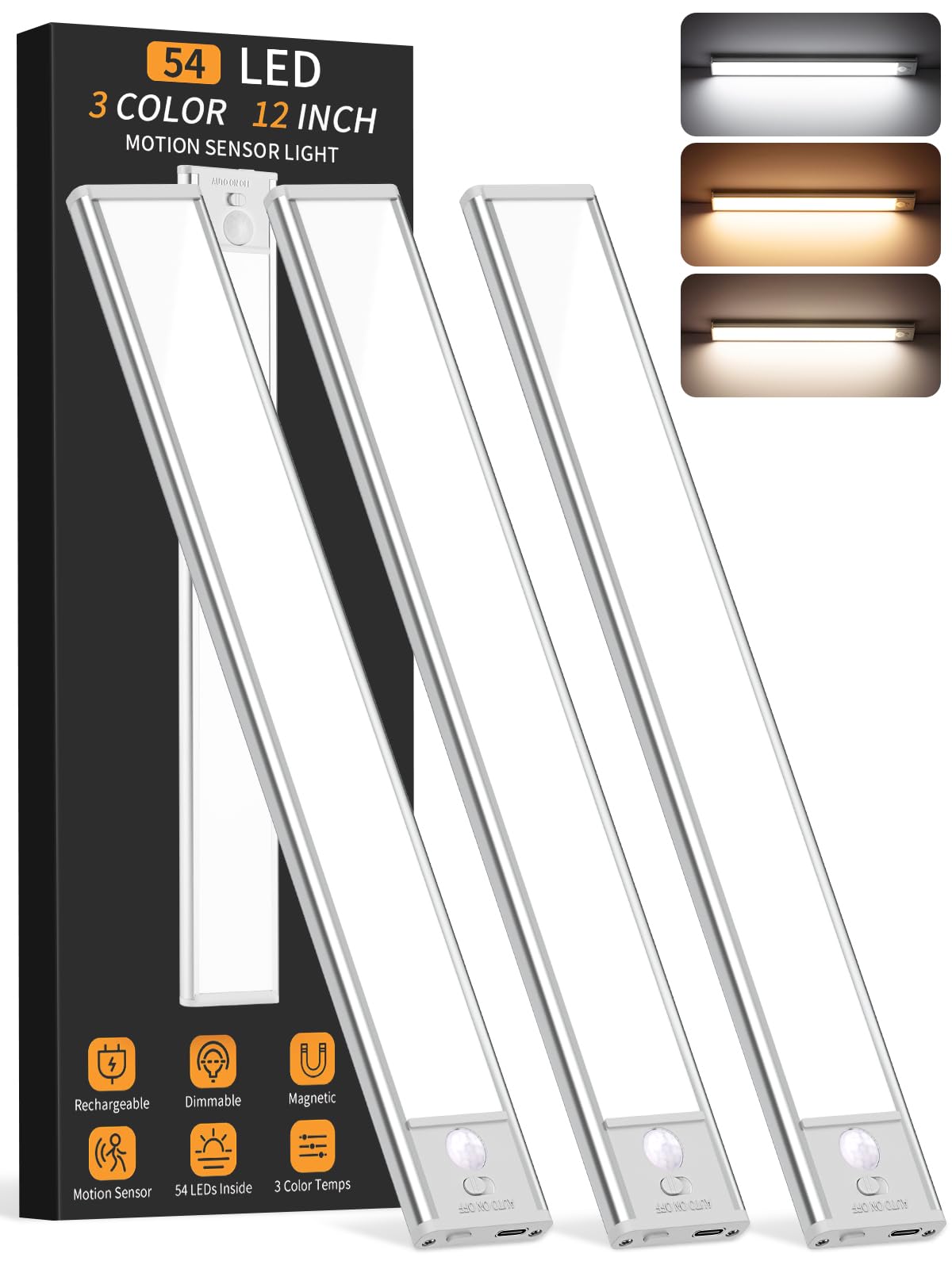 Photo 1 of Under Cabinet Lighting Wireless, 54 LED Motion Sensor Light Indoor, 3 Color Dimmable Closet Lights Battery Operated, Rechargeable Magnetic Light, Under Counter Lights for Kitchen, Stairs, Home (3Pack)