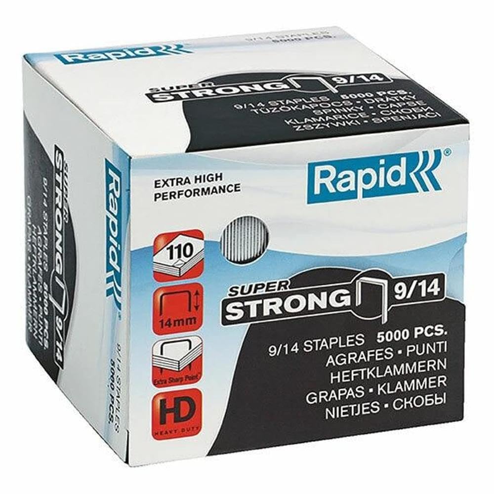 Rapid 9/14mm Super Strong Staples, For Stapling 80-110 Sheets, Use with Heavy Duty Staplers, Galvanised Wire, Box of 5000, 24871500