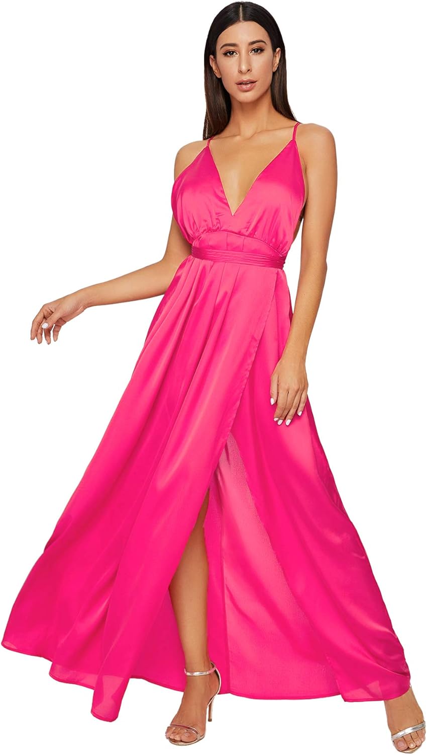 SheIn Women's Sexy Satin Deep V Neck Backless Maxi Party Evening Dress