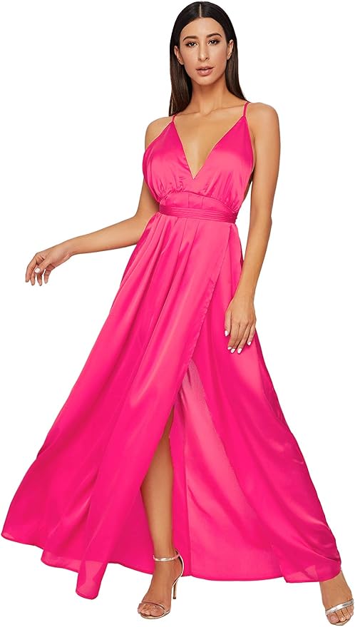 SheIn Women's Sexy Satin Deep V Neck Backless Maxi Party Evening Dress | eBay