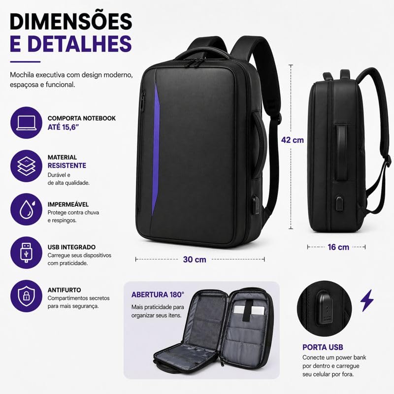 Mochila Executiva Impermeável para Notebook Reforçada Antifurto com USB – Masculina Feminina para Trabalho, Viagem e Escola