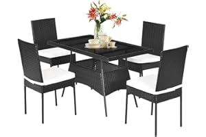 Tangkula 5 Piece Wicker Patio Dining Set, Outdoor Rattan Table & Chairs Set with Tempered Glass Top & Padded Cushions, Patio Furniture Dining Table Set for Balcony Patio Garden Poolside