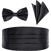 BlingKingdom Men's Satin Cummerbund Pretied Bow Tie Breast Pocket Handkerchief Set for Special Occassions