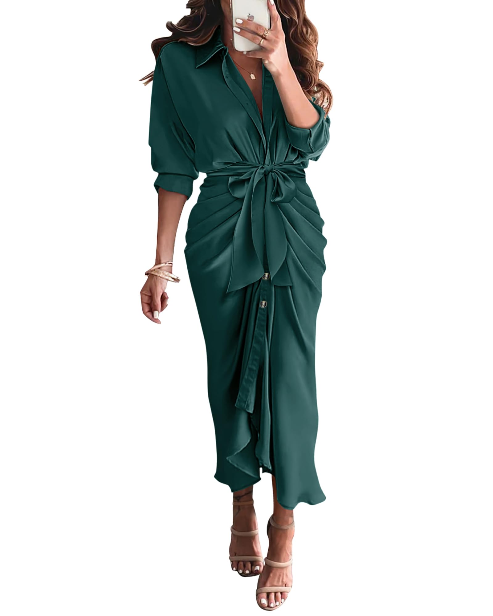 Photo 1 of BTFBM Summer Dresses for Women 2026 Long Sleeve V Neck Button Down Elegant Belted Ruched Satin Silk Shirt Spring Dress(Dark Green, Small)