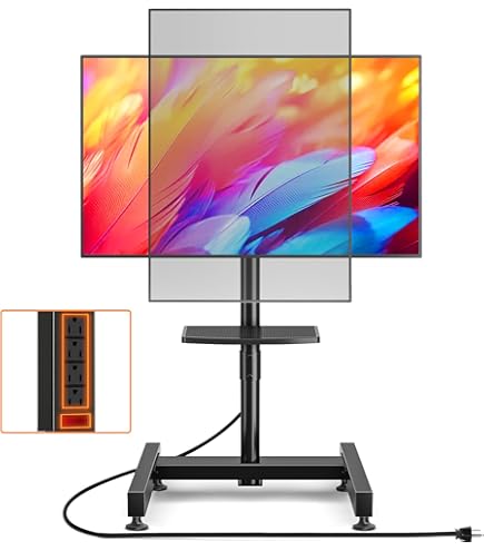 UNHO Vloer-tv-standaard op wielen, roterende verticale tv-standaard voor schermen van 32-65 inch, max. belasting 50 kg, in hoogte verstelbaar, 130-160 cm, VESA Max 600 x 400 mm voor woonkamer