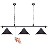 mirrea 59in Billiard Pool Table Light with Pull Chain Switch on Pendant Light Fixture 3 Lights with Matte Black Shade