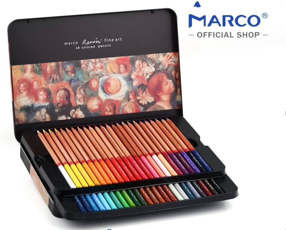 Colored pencils by Marco - Renoir Series | Premium color pencils, Soft core, Vibrant colors, 48 finest color pencils for artist, embedded in fragrant cedar, 3.7 mm extra thick lead in metal box