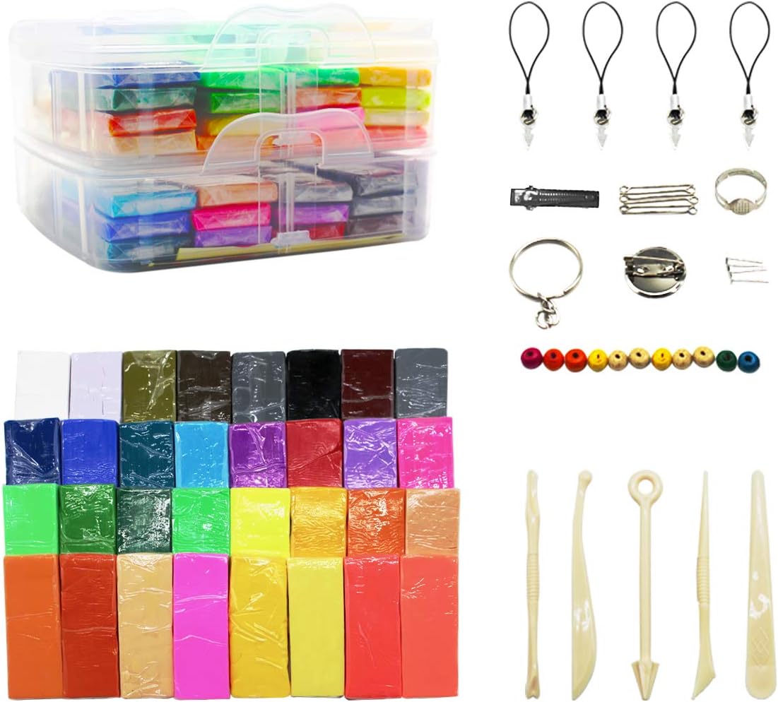 DIY Colored Polymer Clay 32 Color Creative Street Model Clay Soft Molded Oven Baking Clay Kit, w/Storage Box, Tools and Accessories 750GR