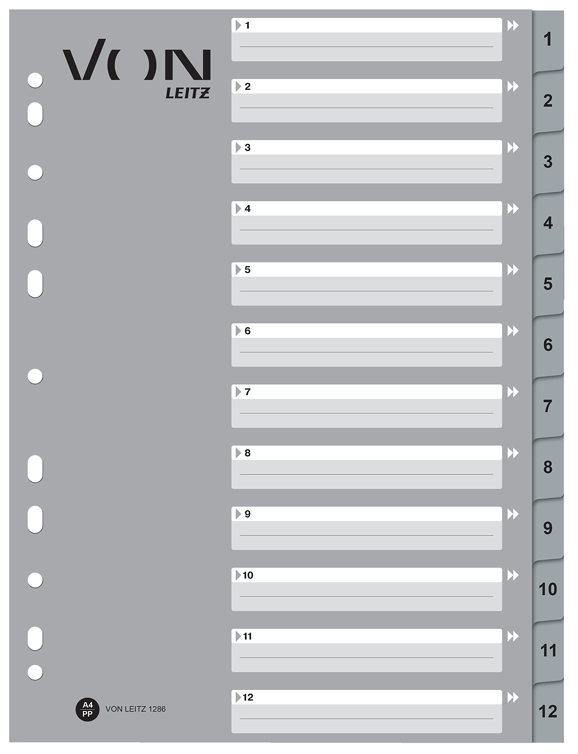 VON Leitz Pack of 10 Number Indexes A4, 112 Numbered Dividers for Folders, PP, 11-Hole Universal Index for Loose Leaf Folders & Ring Binders, Grey, 12860085