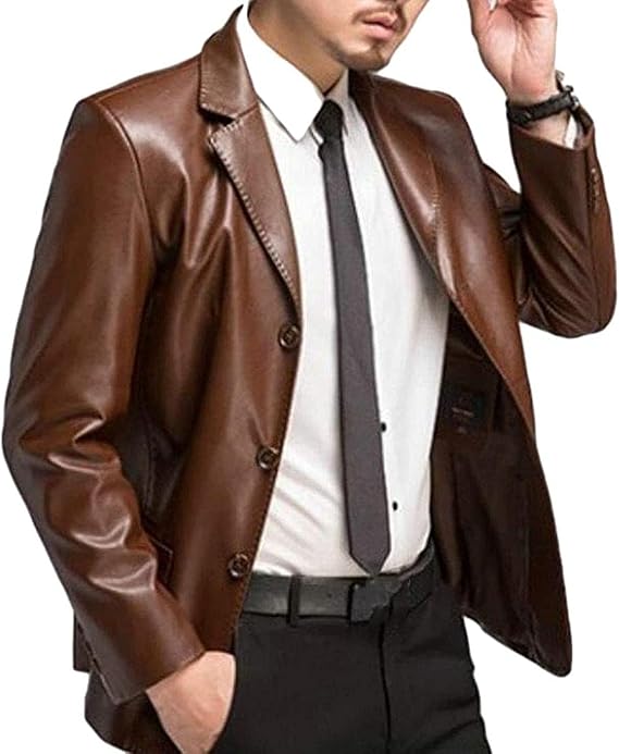 Men Suit Sport Coat Big and Tall Faux Leather Classic Blazer Jacket