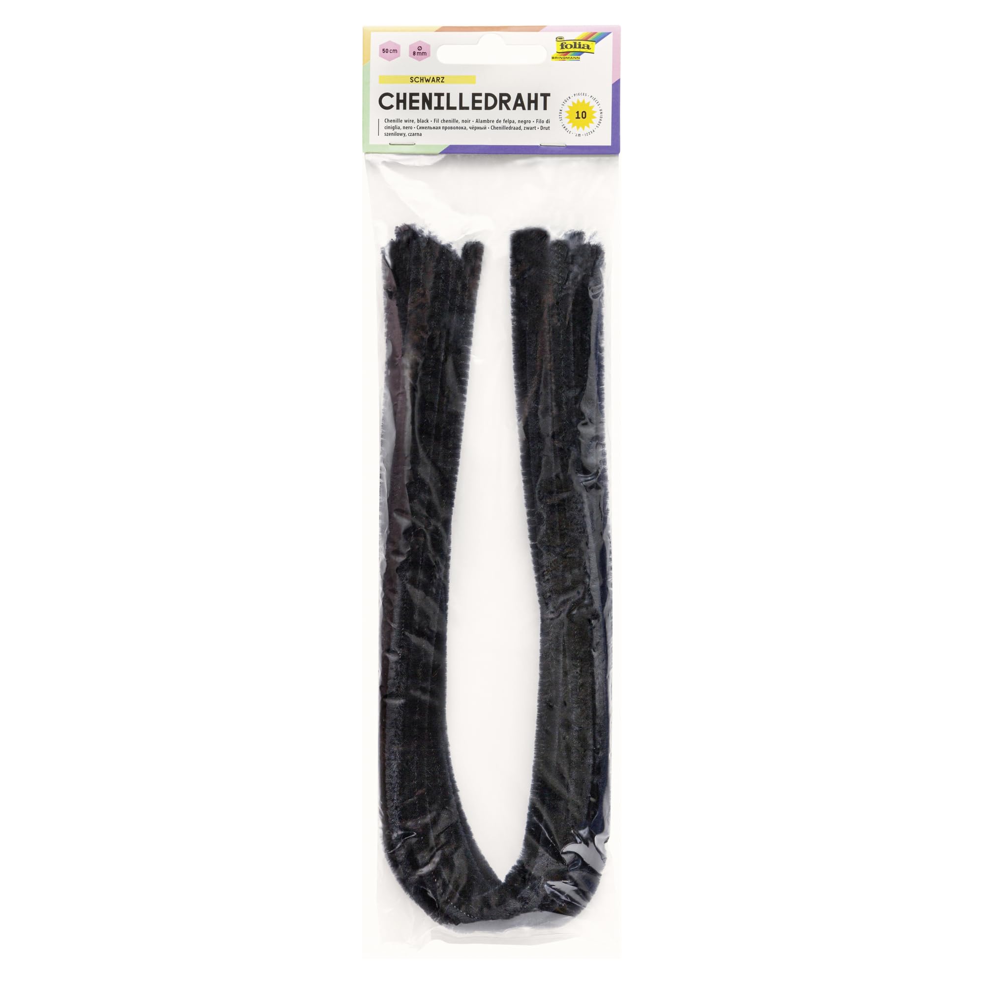 folia 77890 - Chenille Wire, Pipe Cleaners, Pack of 10 in Black, Diameter 8 mm and 50 cm Long, Ideal for Children for Crafts and Design Animals, Figures and Other Shapes