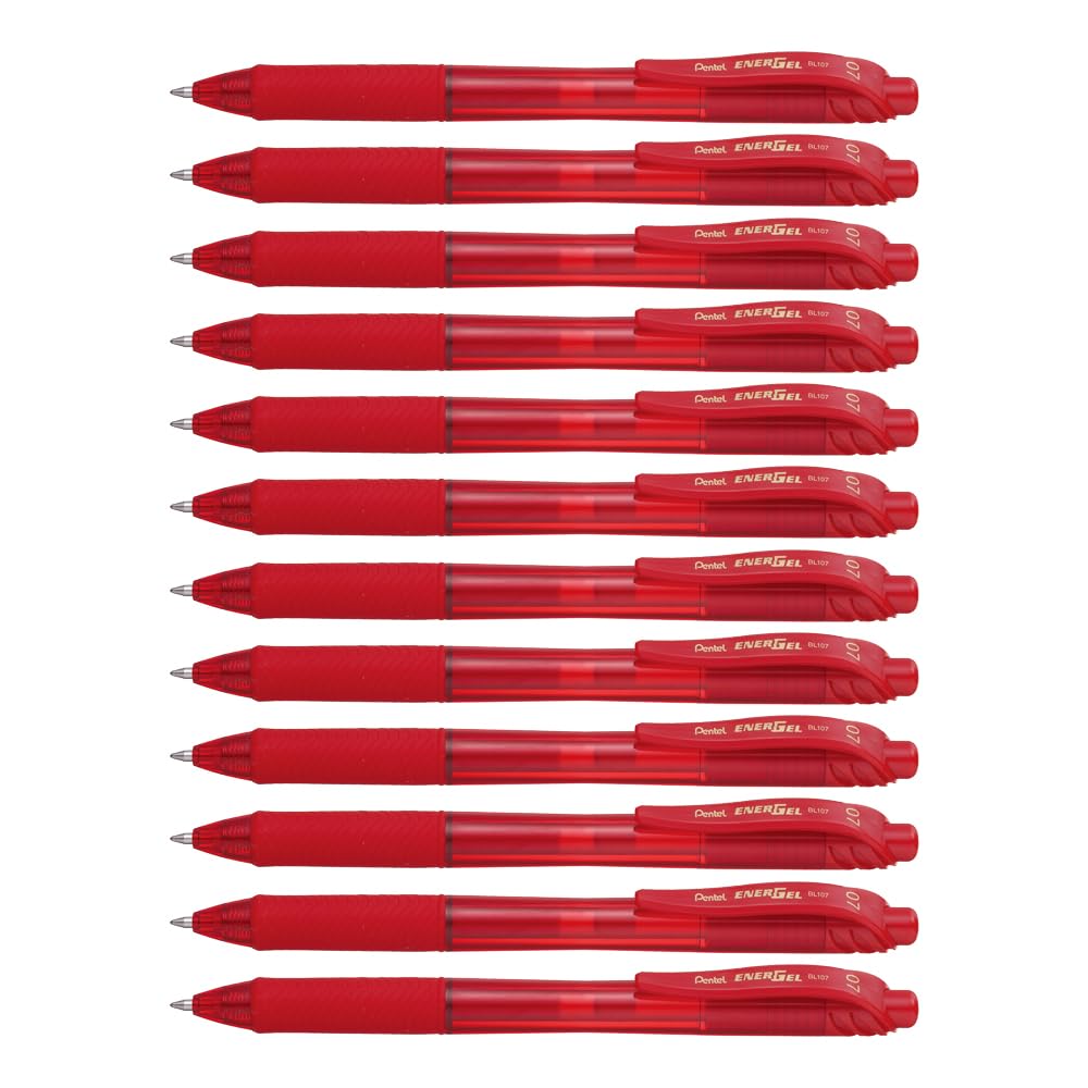 Pentel Energel-BL107-BX Tip Retractable Pen, 0.7 mm - Red (Pack of 12)