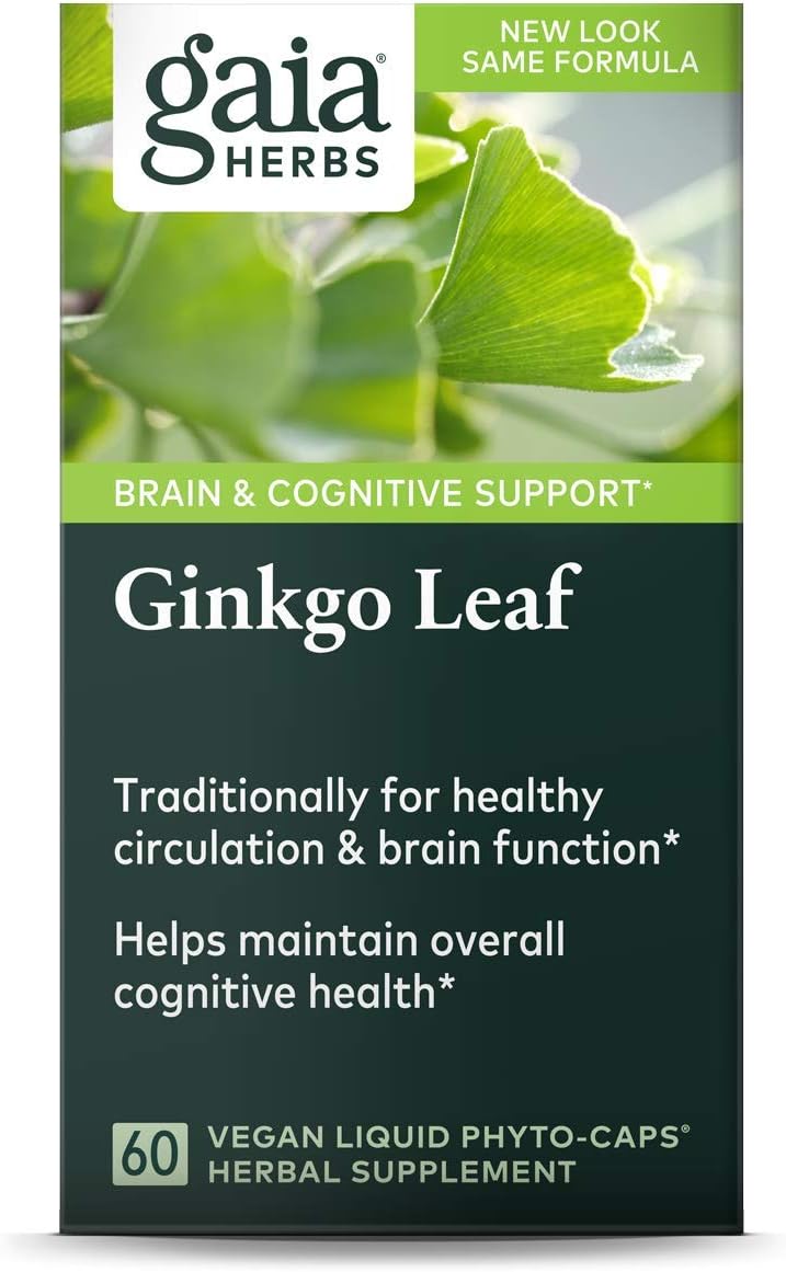 Gaia Herbs Ginkgo Leaf, Vegan Liquid Capsules, 60 Count - Daily Brain Health and Mental Focus Supplement with Antioxidants, Organic Ginkgo Biloba 1380mg Per Serving: Health & Personal Care