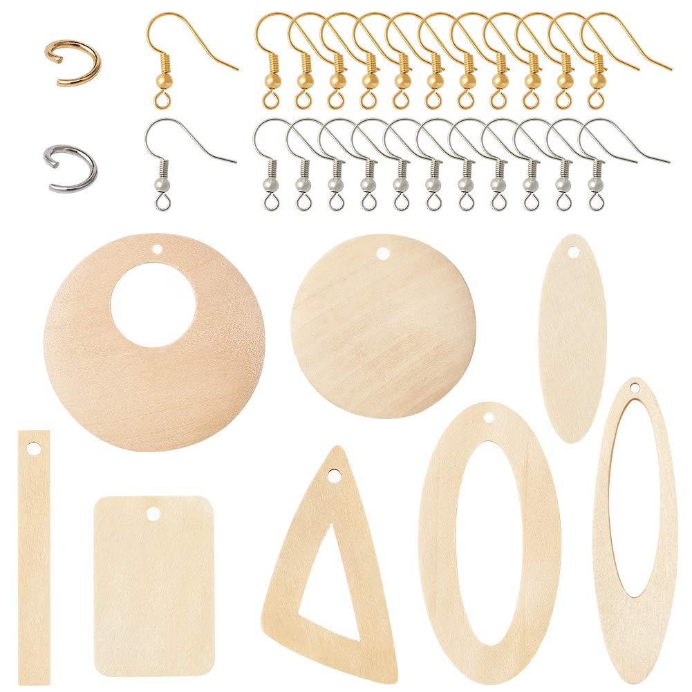 PandaHall 48pcs Geometric Wood Dangle Pendants with 48pcs Earring Hooks and 48pcs Jump Rings for Earring Making